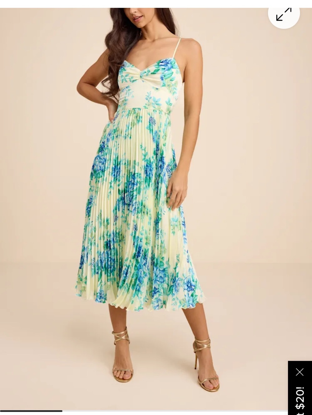 Lulu's Pale Yellow Spaghetti-Strap Floral Midi Dress with Blue Bloom Print